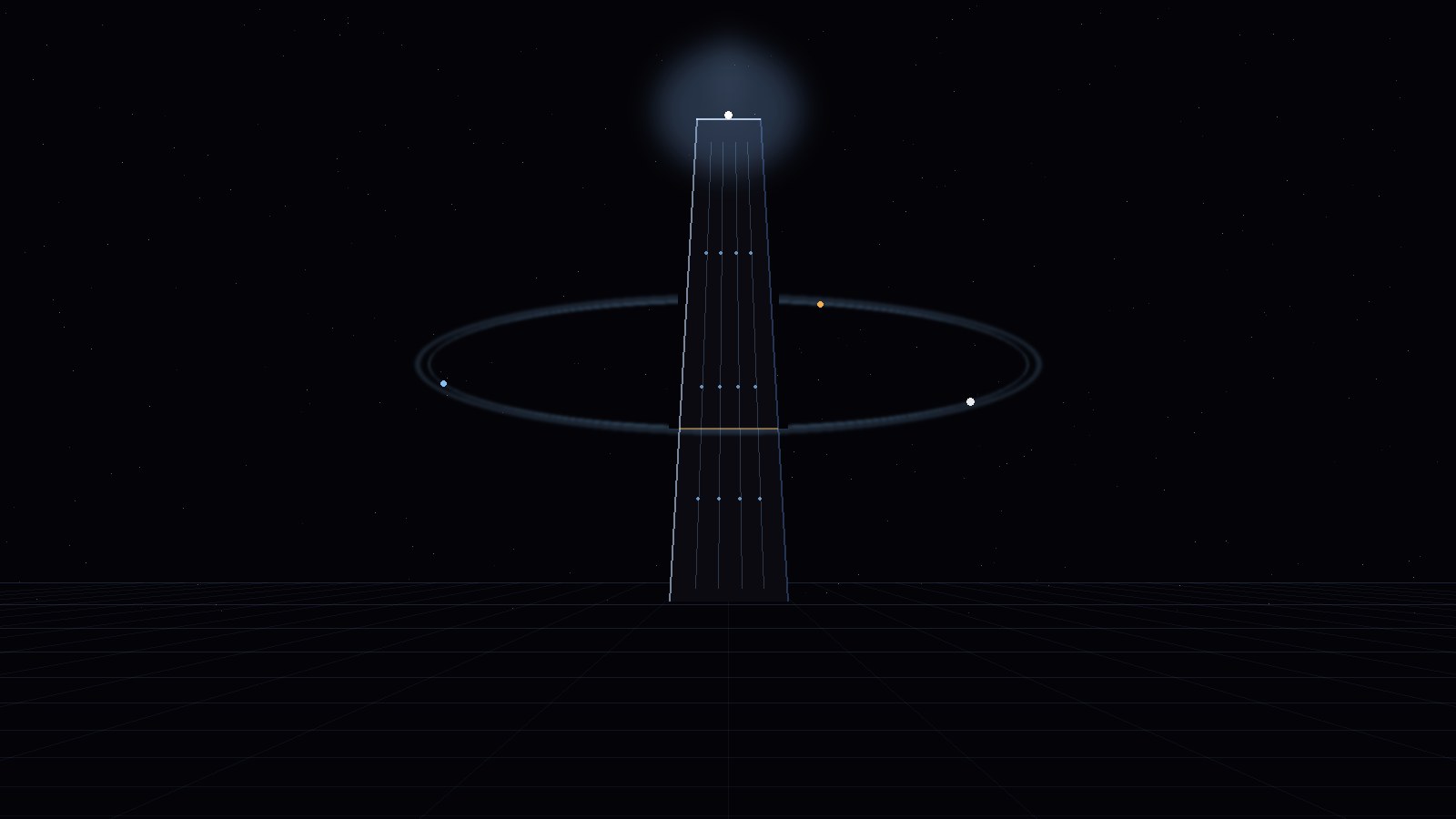 A monolithic sovereign compute obelisk under an orbital ring, dark and luminous