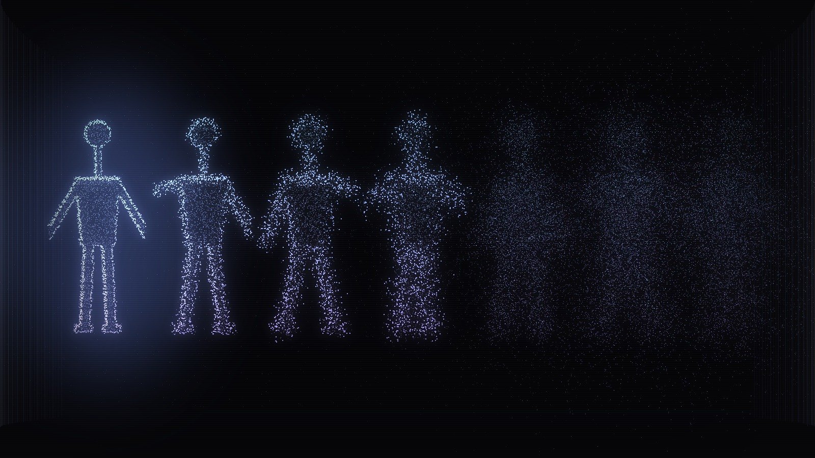 Many distinct human silhouettes rendered as light particles, dissolving left to right into a single undifferentiated cloud, with one figure at the edge still holding its outline.