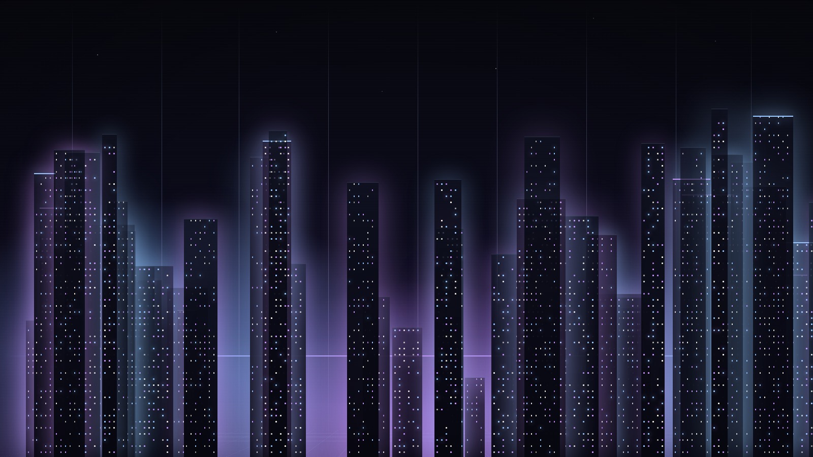 A dense night city rendered as vertical slices of blue and violet light, the physical infrastructure that intelligence terminates in