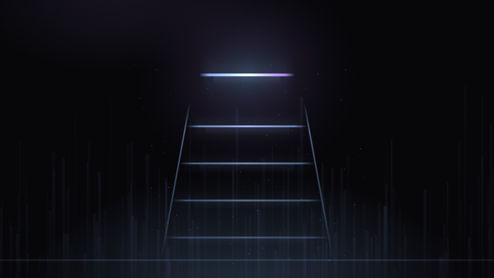 A five-rung ladder of light rising through a dark field, each rung brighter than the last, the top rung detached and floating free