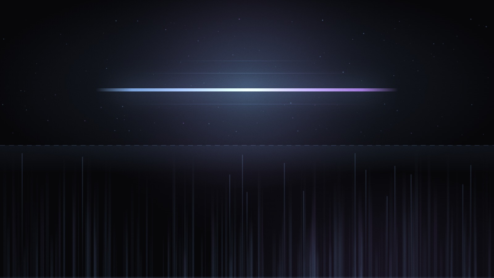 A dark field of light with a single bright horizontal band suspended above a lattice of faint vertical structures, the schedule above the machine