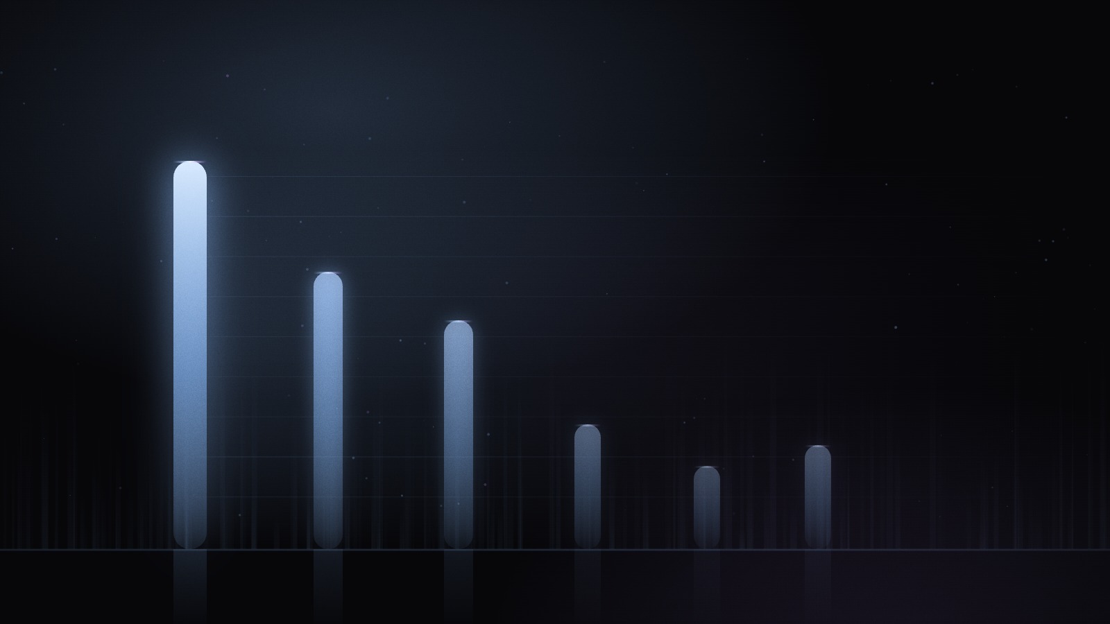 Six vertical bands of light of very different heights standing on a dark plane, one of them casting its glow across all the others